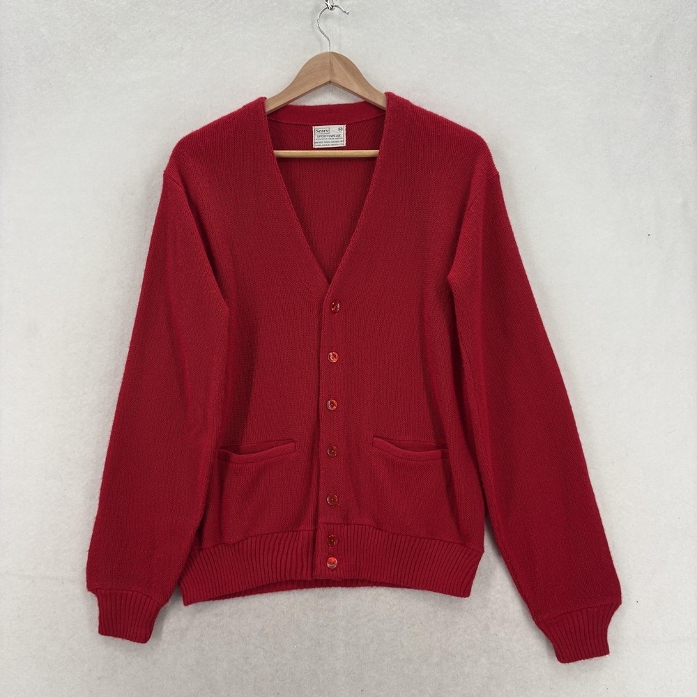 Vintage Sears Cardigan Sweater Mens Medium Red V Neck Pockets USA Grandpa Casual